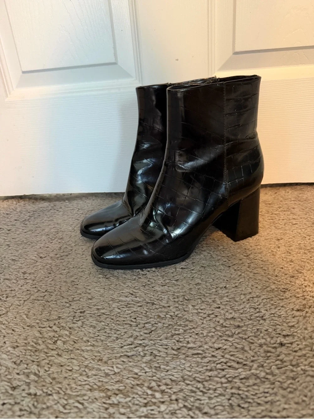 Black Croc-Embossed Block Heel Ankle Boots